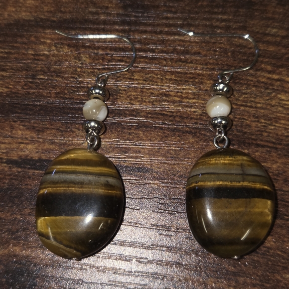 Large Tiger Eye Stone Earrings - Picture 3 of 3